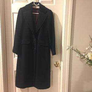 Evan Picone wool long navy pencil coat, velvet neck.